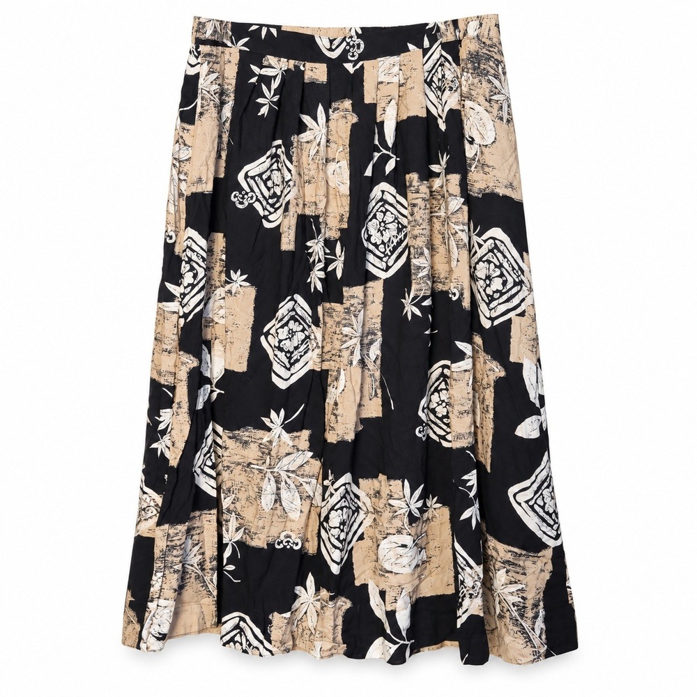 Vintage 90s Alfred Dunner Size 16 Rayon Midi Skirt Black Tan Abstract Floral NWT